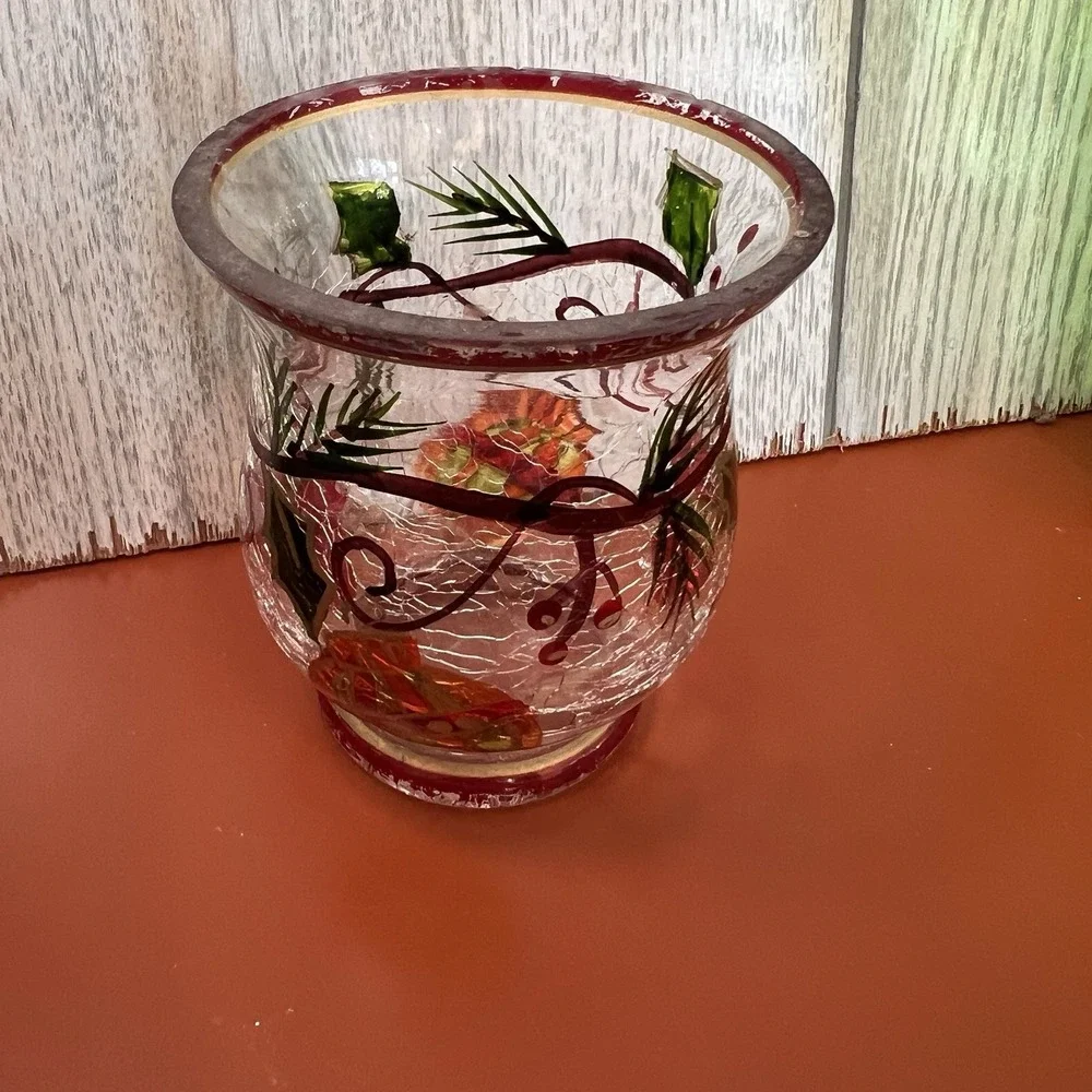 Crackle glass votive tealight candleholder pine branches berries fall winter red
